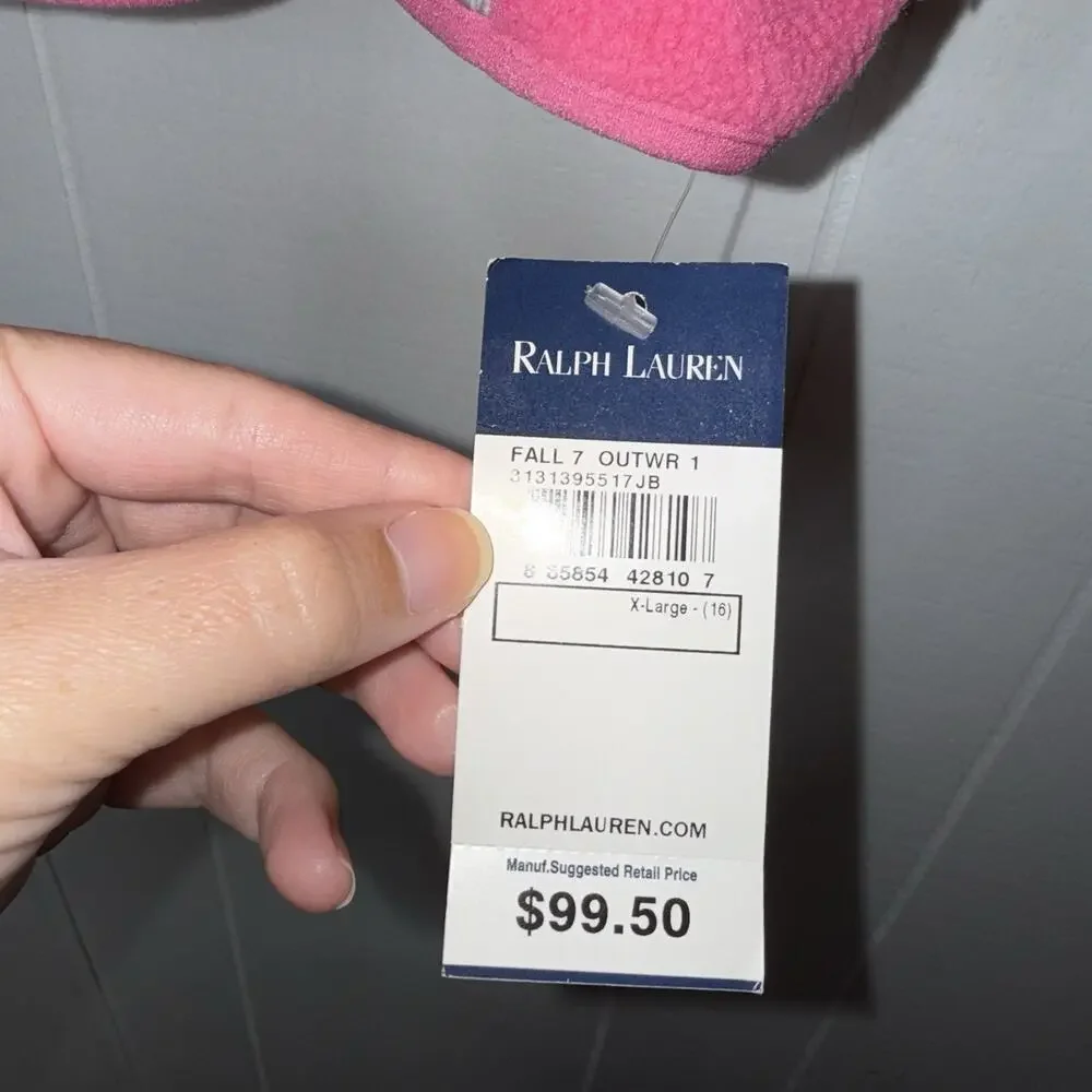 Ralph Lauren Girl’s Fleece Zip Up Jacket Pink Silver Size XL (16) NWT